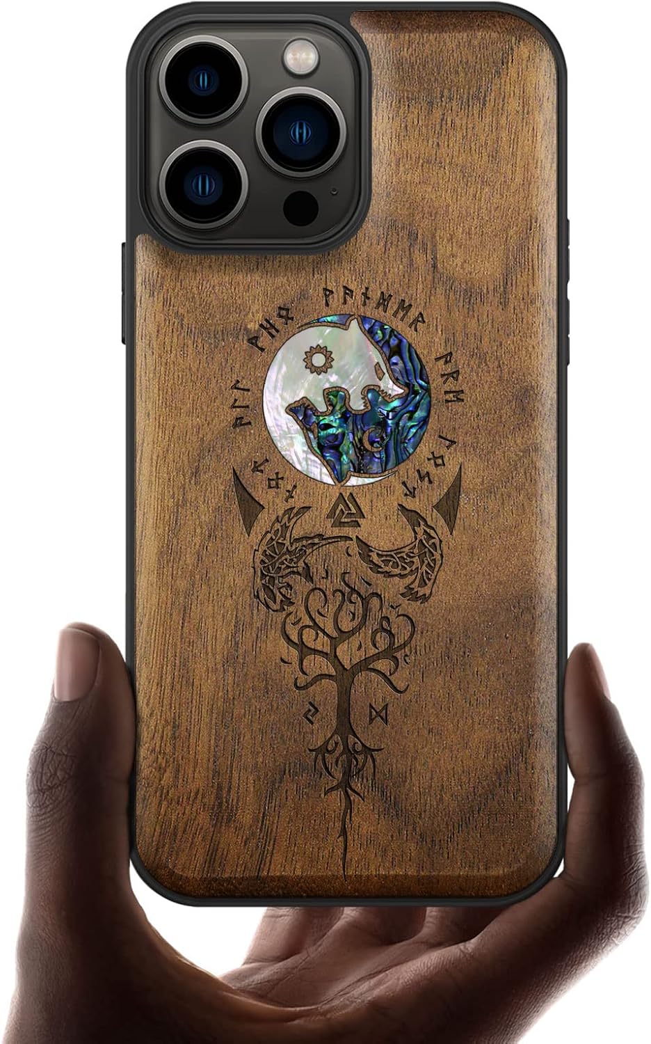 Carveit Designer Wooden Protective Case for iPhone 13 Pro Max Magnetic Cover [Wood Engraving & Shell Inlay] Wood Phone Case Compatible with 13 Pro Max MagSafe 6.7 Inch (Wolf-Rosy)