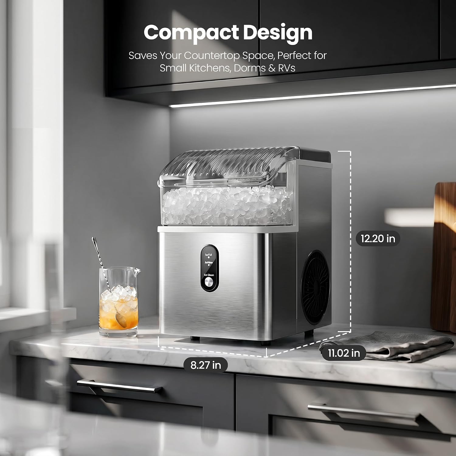 Crzoe Nugget Ice Maker Countertop, 35lbs/Day, Portable Pebble Ice Machine | Sonic Crushed Ice Maker Countertop with Scoop, Ready in 7 Mins, Self-Cleaning, for Home/Office/Party, Stainless Steel Silver image 4
