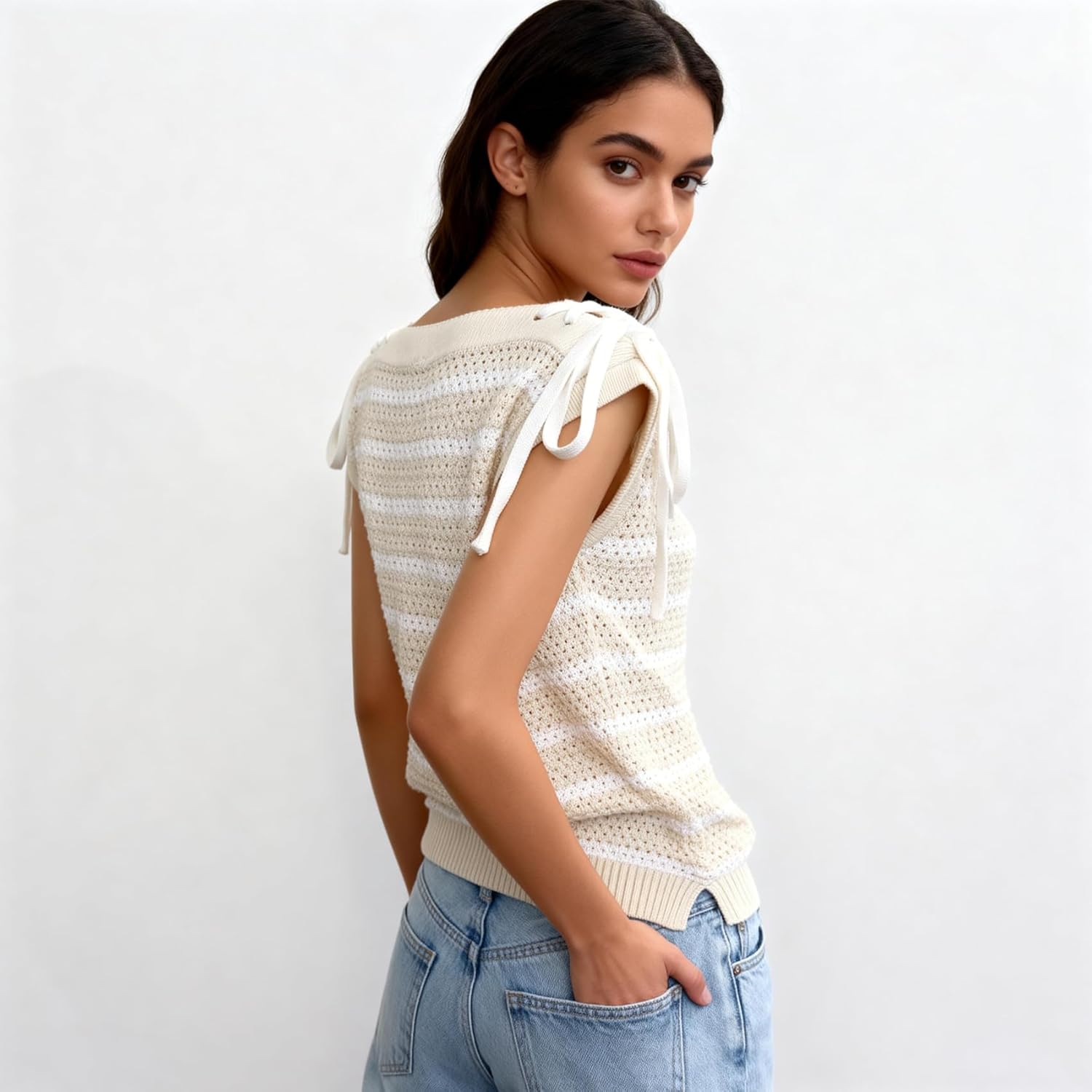 Women's Sweater Vest Striped Pullover Crew Neck Cap Sleeve Knit Sweater 2026 Spring Lightweight Summer Tank Tops - Image 2