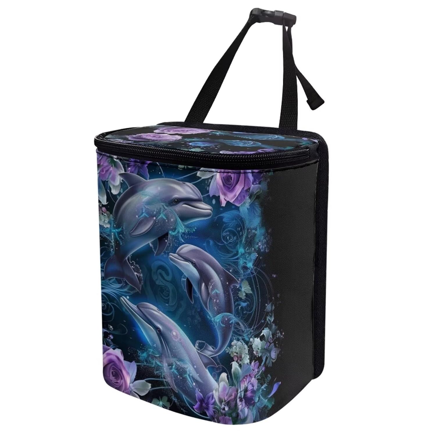 DISNIMO Blossom Dolphin Car Trash Can with Lid Collapsible Reusable Car Garage Bag Trash Bin, Automotive Garbage Can,Car Accessories Interior Car Organizer, Black
