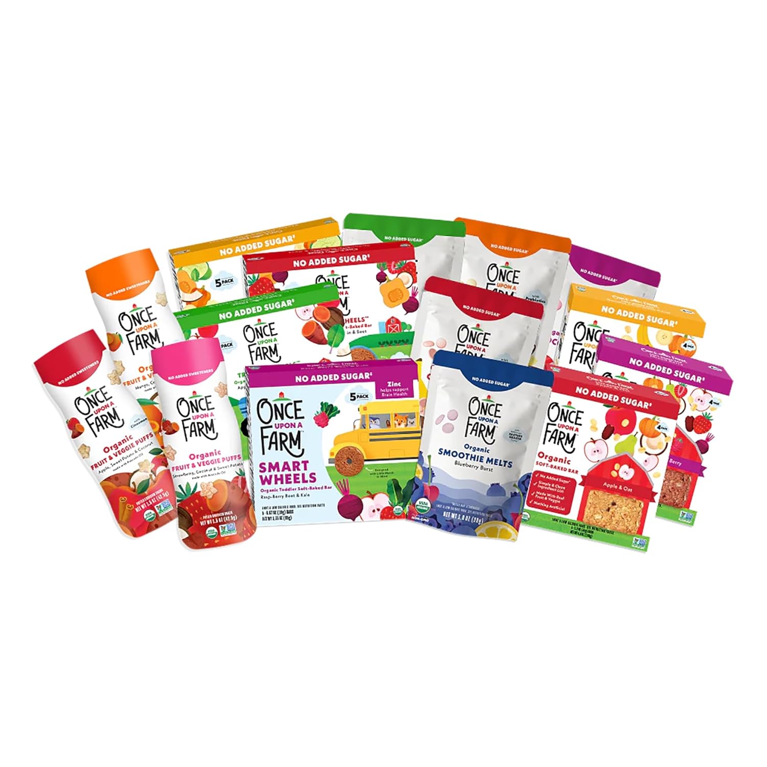 Once Upon a Farm Organic Ultimate Snack Sampler, Puffs, Coconut Melts, Tractor Wheels, Smart Wheels, Smoothie Melts, Soft Baked Bar, Made with Real Fruit & Veggies, No Added Sugar, Non-GMO, 15 Count