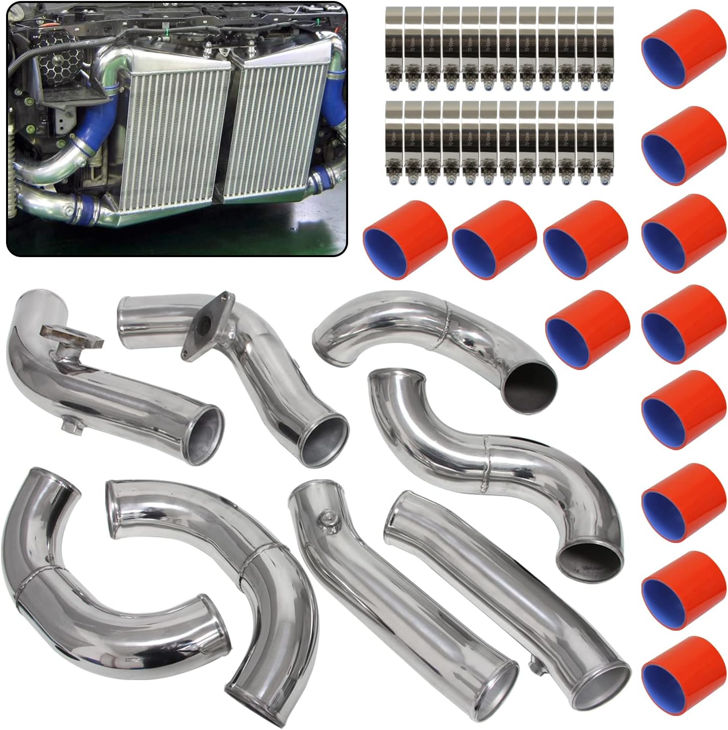 Upgrade FMIC Intercooler Pipe Piping Kit compatible with GT-R R35 GTR VR38 DET VR38 2009-2015 (sliver-red)