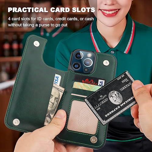 Miniatura 3 de Funda tipo cartera para iPhone 13 Pro Max con soporte para tarjetas, anillo de rotación de 360, función atril, bloqueo RFID, piel sintética, doble