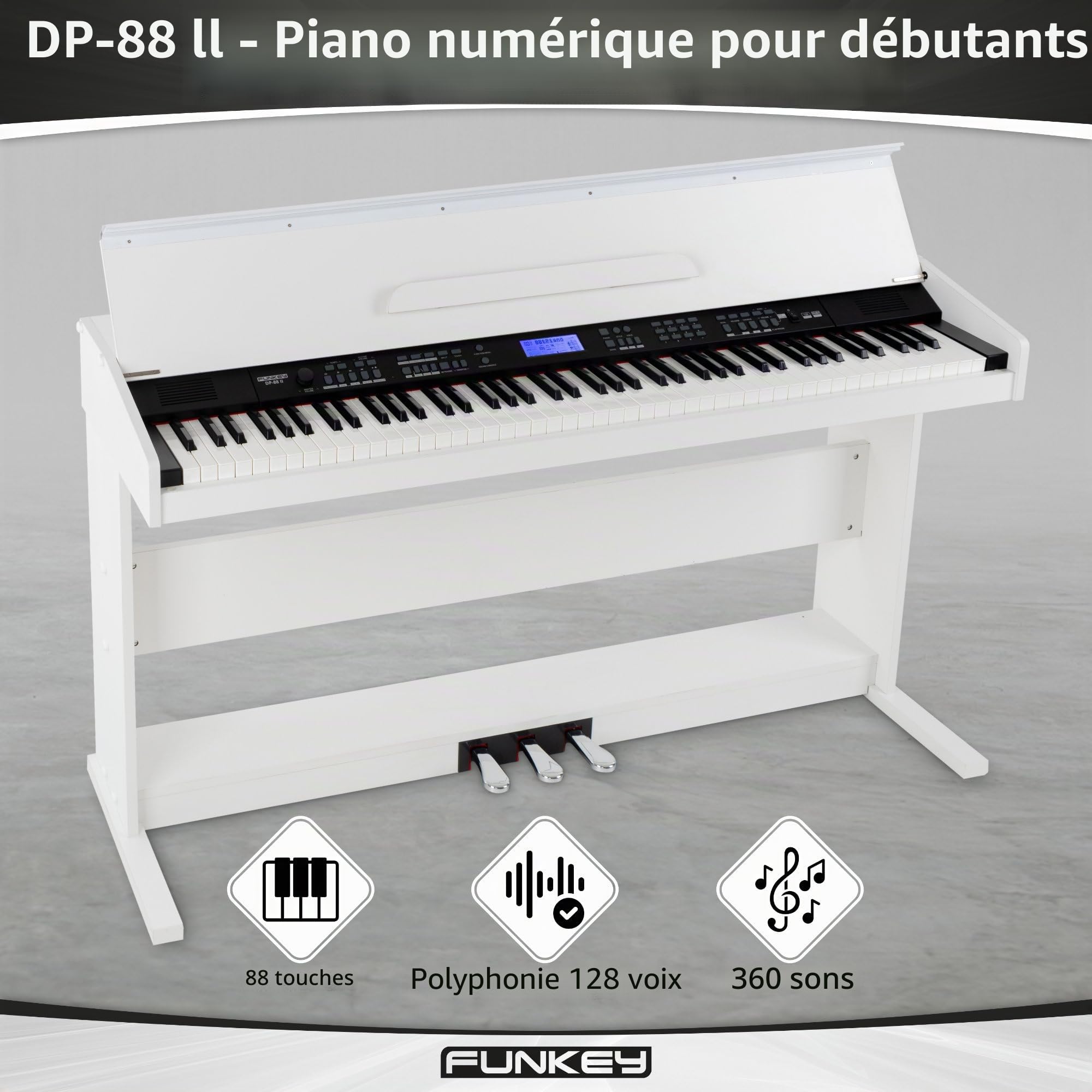FunKey DP-88 II piano numérique blanc set avec banquette de synthé, casque, méthode d'apprentissage