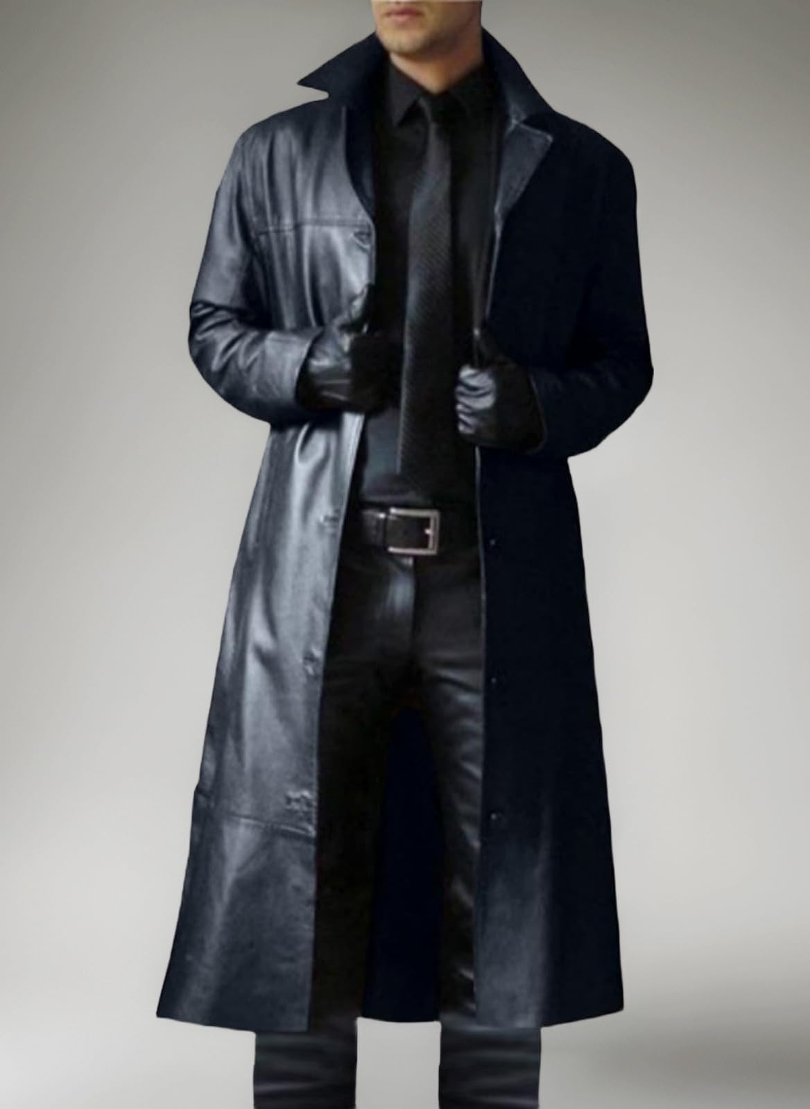 Men's Trench Coat, Solid Color Pu Leather Full Length Windbreaker Gothic Faux Leather Steampunk Overcoat Casual Outwear Lapel Windproof Motorcycle Button Up Long Trench Coat for Winter