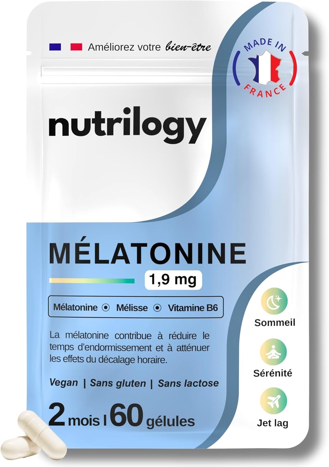Melatonin 1.9 mg | Repairing Sleep, Fast Sleep & JetLag | With Melissa & Vitamin B6 | 2 Months – 60 Capsules | Vegan & Made in France Food Supplement | NUTRILOGY