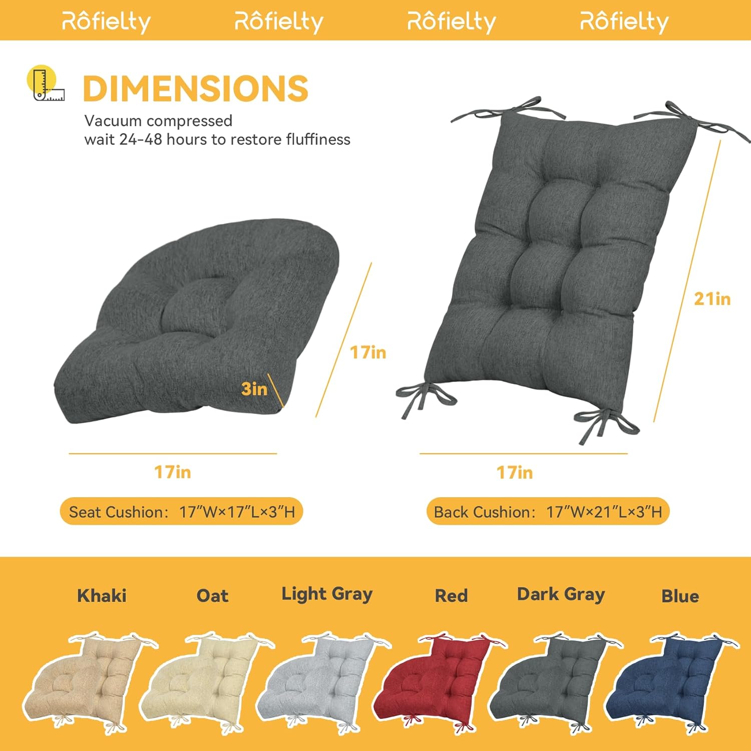 ROFIELTY Rocking Chair Cushion Tufted Design Non Slip Rocking Chair Cushions Indoor with Ties, Comfortable and Good Support Seat & Back Cushions, Dark Gray