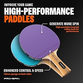 PRO-SPIN Ping Pong Paddles - High-Performance Set with Premium Table Tennis Rackets, 3-Star Ping Pong Balls, Compact Storage Case (2-Player Set, Purple/Blue)