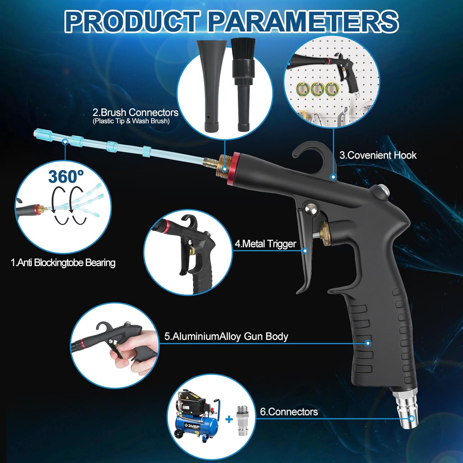 Tornado Car Cleaning Gun, Dry Car Detailing Tools, Aluminum Alloy Bearing Nozzlefor, Car Quickly Blasts Dirt and Dust Works with Air Compressor (Black)