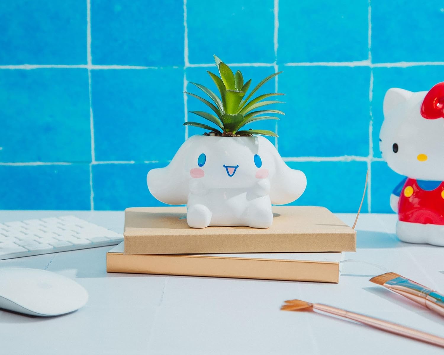 Toynk Sanrio Cinnamoroll 3-Inch Sculpted Ceramic Mini Planter with Artificial Succulent | Cute Flower Pot, Faux Indoor Plants