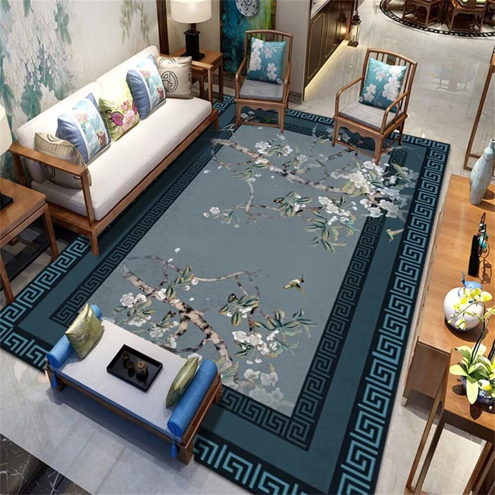 Tapis salon lavable et tapis enfant fille chambre couloir bleu vert 50x150