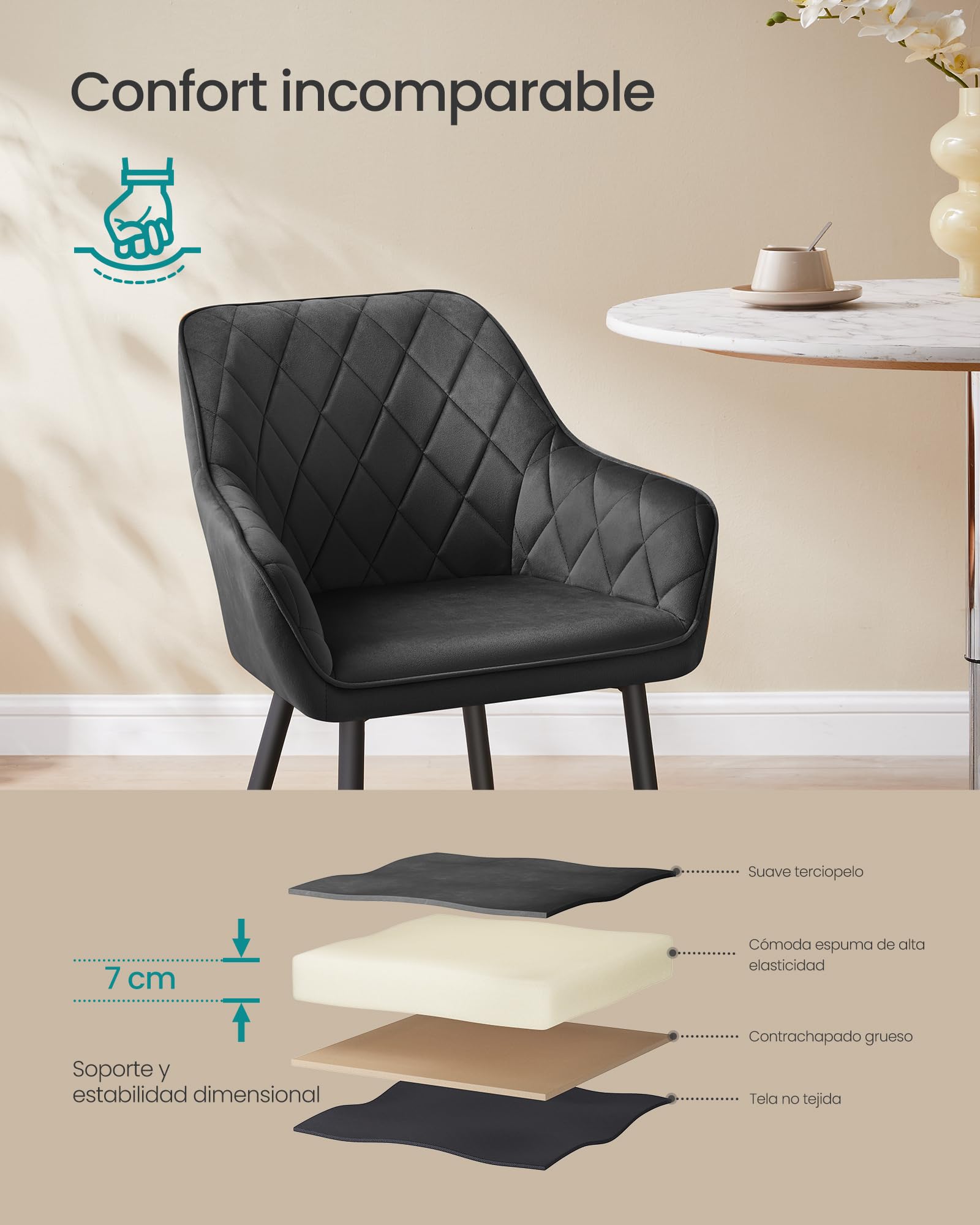 SONGMICS Silla de Comedor, Silla de Cocina, Sillón de Terciopelo, Silla Tapizada con Reposabrazos, Carga Máx. de 120 kg, Patas de Metal, para Comedor, Cocina, Negro Tinta LDC088B01