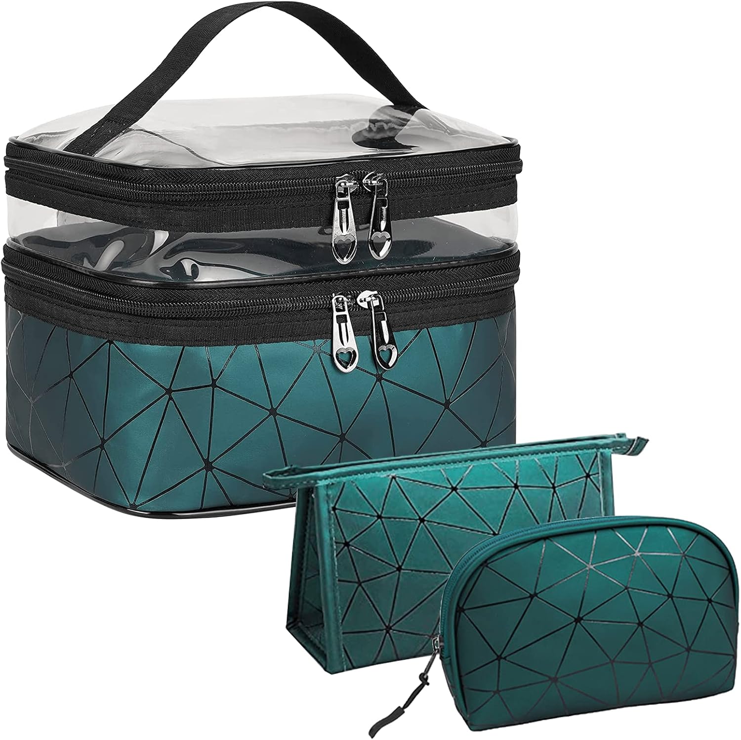 3Pcs Cosmetic Bag for Women Double layer Geometric Travel Makeup Case Portable Travel Makeup Bags Set Makeup Organizer Cosmetic Travel Bag Gifts for Women (Dark Green) : Beauty & Personal Care