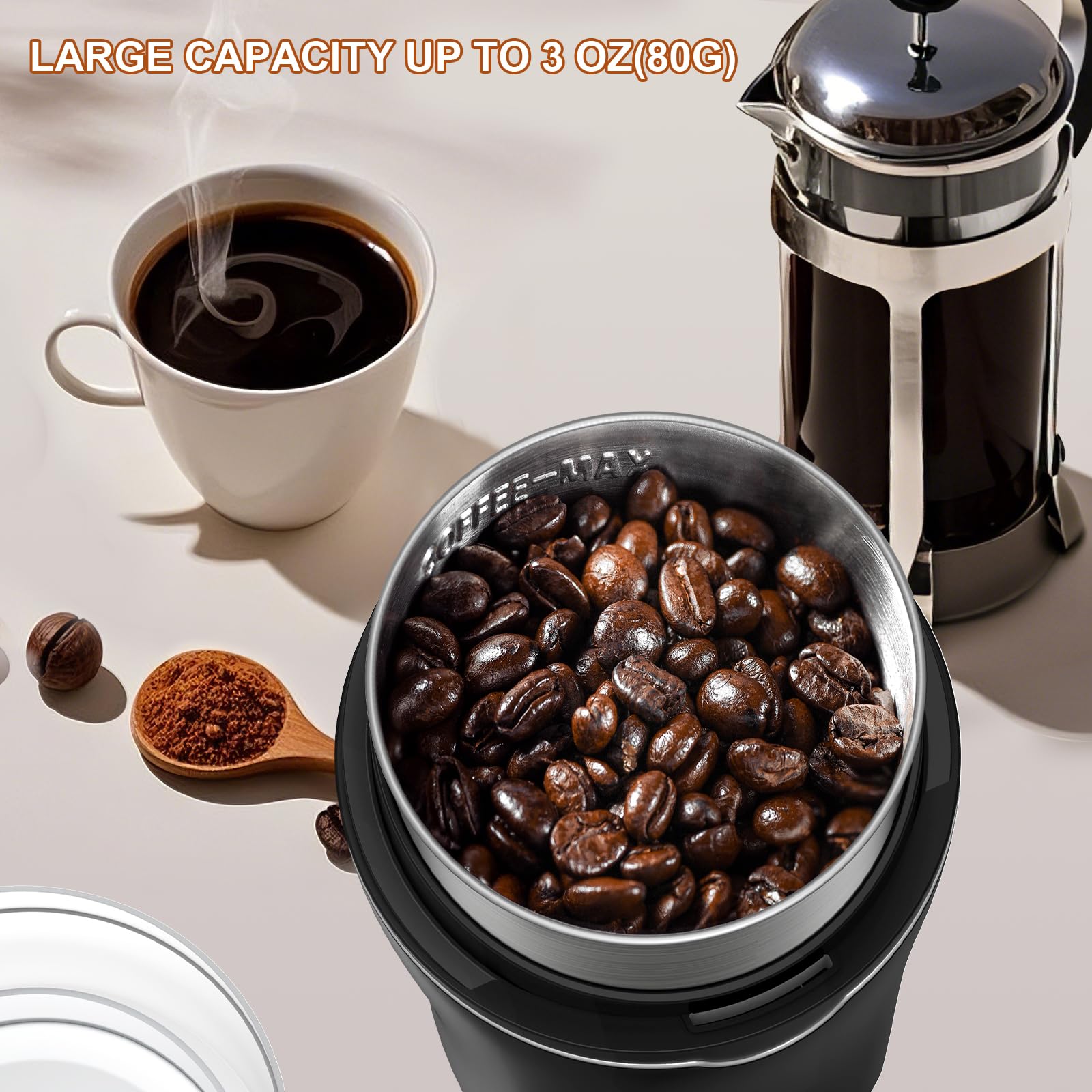 Macina caffe' elettrico, Macina semi lino e chia per cucina 300W, camera rimovibile in acciaio inox, fino a 12 tazze, facile per fagioli di caffè, spezie, erbe aromatiche, semi di lino (argento)