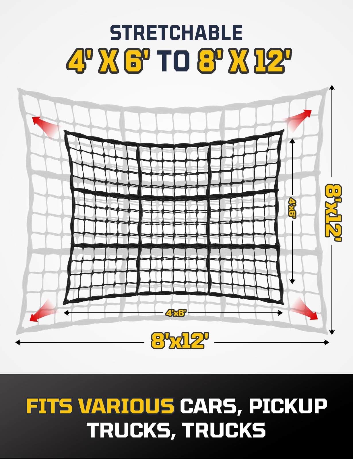 AUTOWN Rete da carico per letto pick-up – estensibile da 10,2 x 15,2 cm a 20,5 x 30,5 cm con rete da 10,2 x 10,2 cm, resistente corda elastica da 10 mm con 12 moschettoni in metallo, ideale per ATV