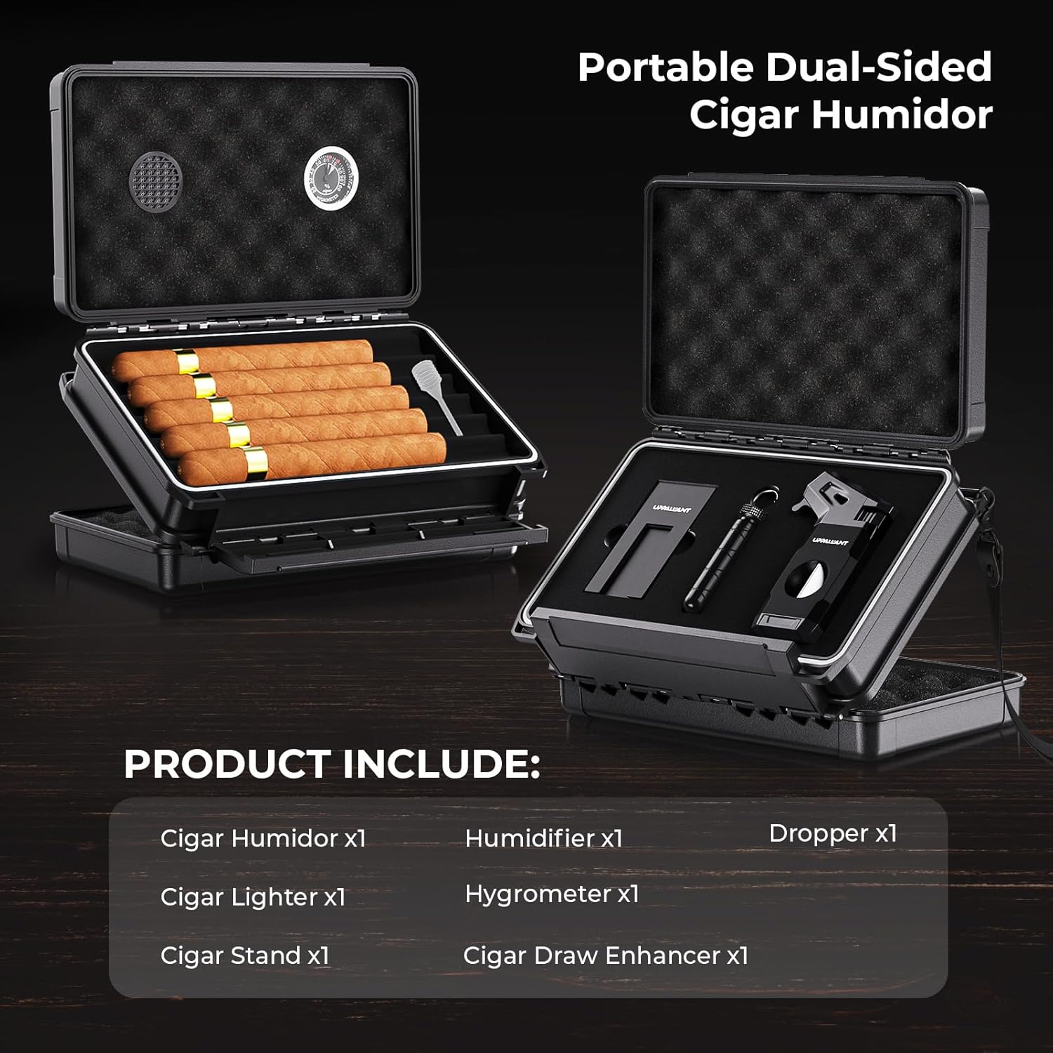Travel Cigar Humidor Case Set, Double-sided Design, with Cigar Lighter Built-in V Cutter, 2-in-1 Cigar Draw Enhancer/Punch Tool, Cigar Holder, Humidifier&Hygrometer, Cigar Accessories Gift Kit for Men