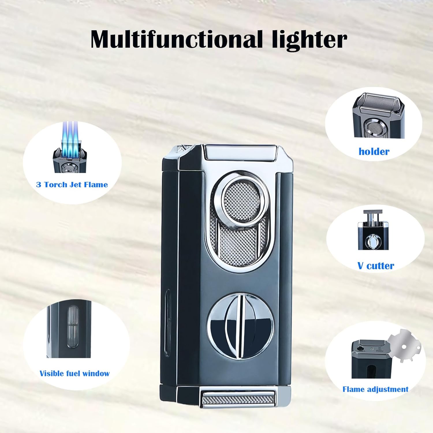 Windproof Triple Jet Flame Torch Lighter with Stand – Refillable and Adjustable 3 Flame Lighter with Built-in V-Cut, Quality Gift for Men（Without Butane）