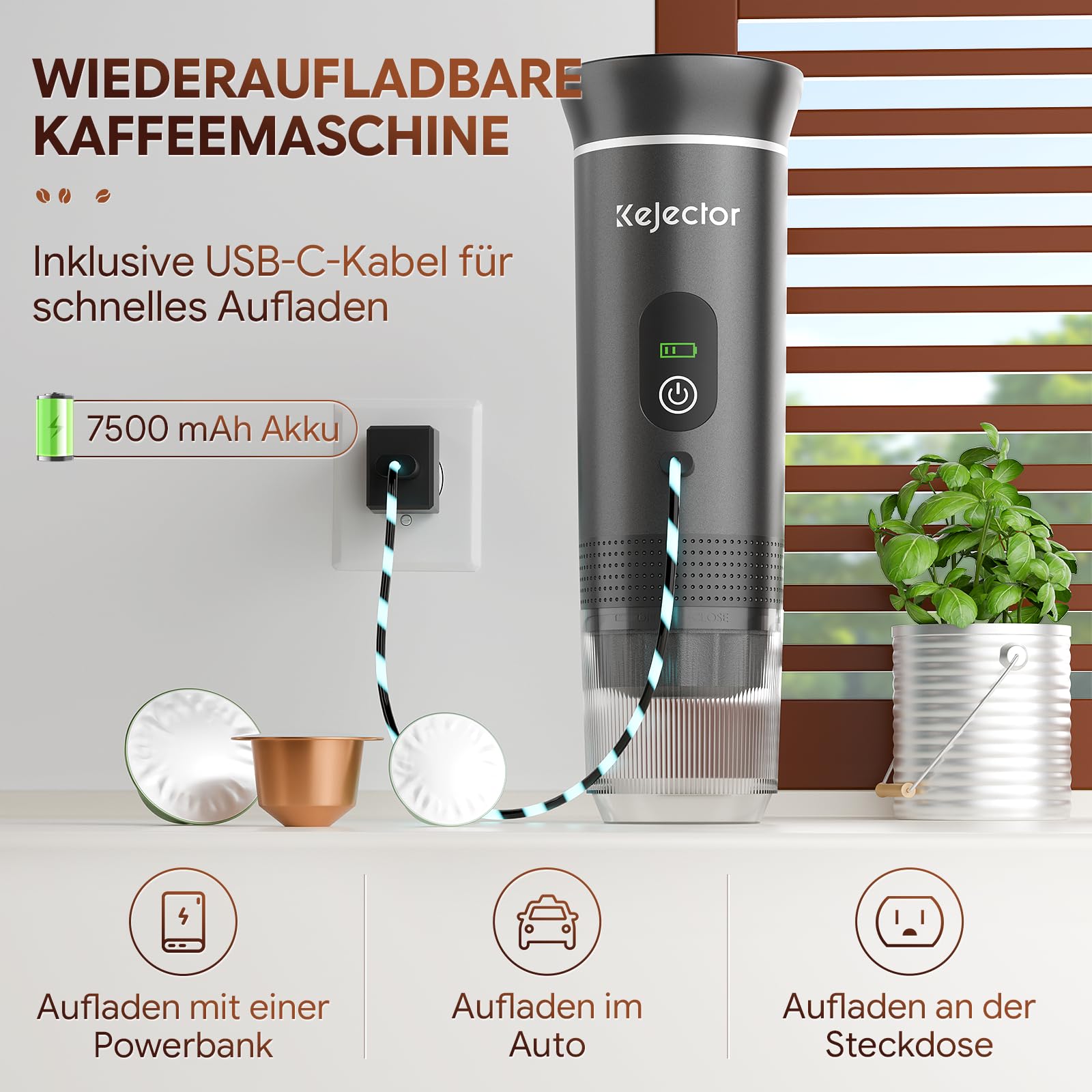 kejector Tragbare Espressomaschine mit Akku Kaffeemaschine, Espressomaschine für unterwegs, Nano Auto Kaffeemaschine, 3-IN-1 für gemahlenem Kaffee, Kapsel für Wohnmobil Wandern Camping Digitalanzeige