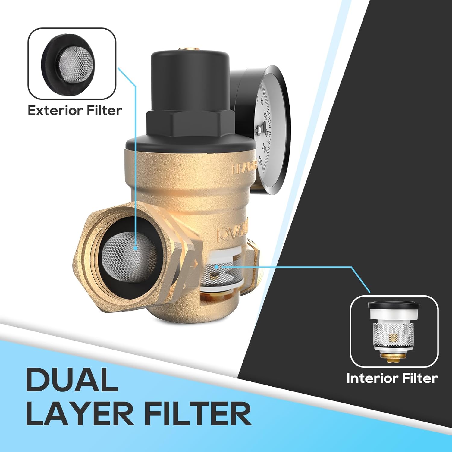 RVGUARD RV Water Pressure Regulator Valve, Brass Lead-Free Adjustable Water Pressure Reducer with Gauge and Inlet Screen Filter for RV Camper Travel Trailer - Image 5