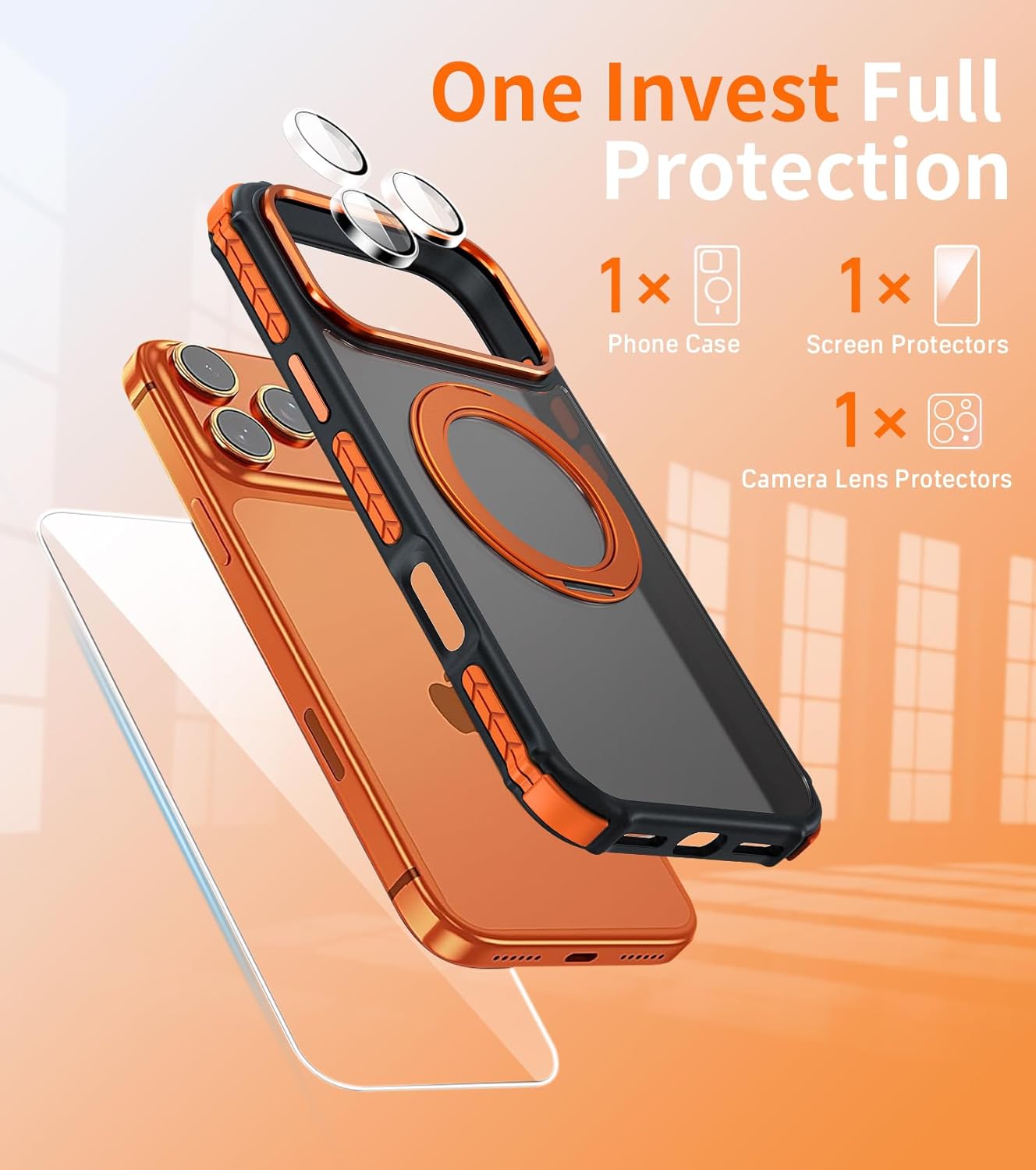 Magnetic Case for iPhone 17 Pro with Mag-Ring Holder Stand, [Screen Protector + Camera Lens Protector] [Military Grade Drop Protection] Translucent Matte Shockproof Phone Cover, Forest Orange
