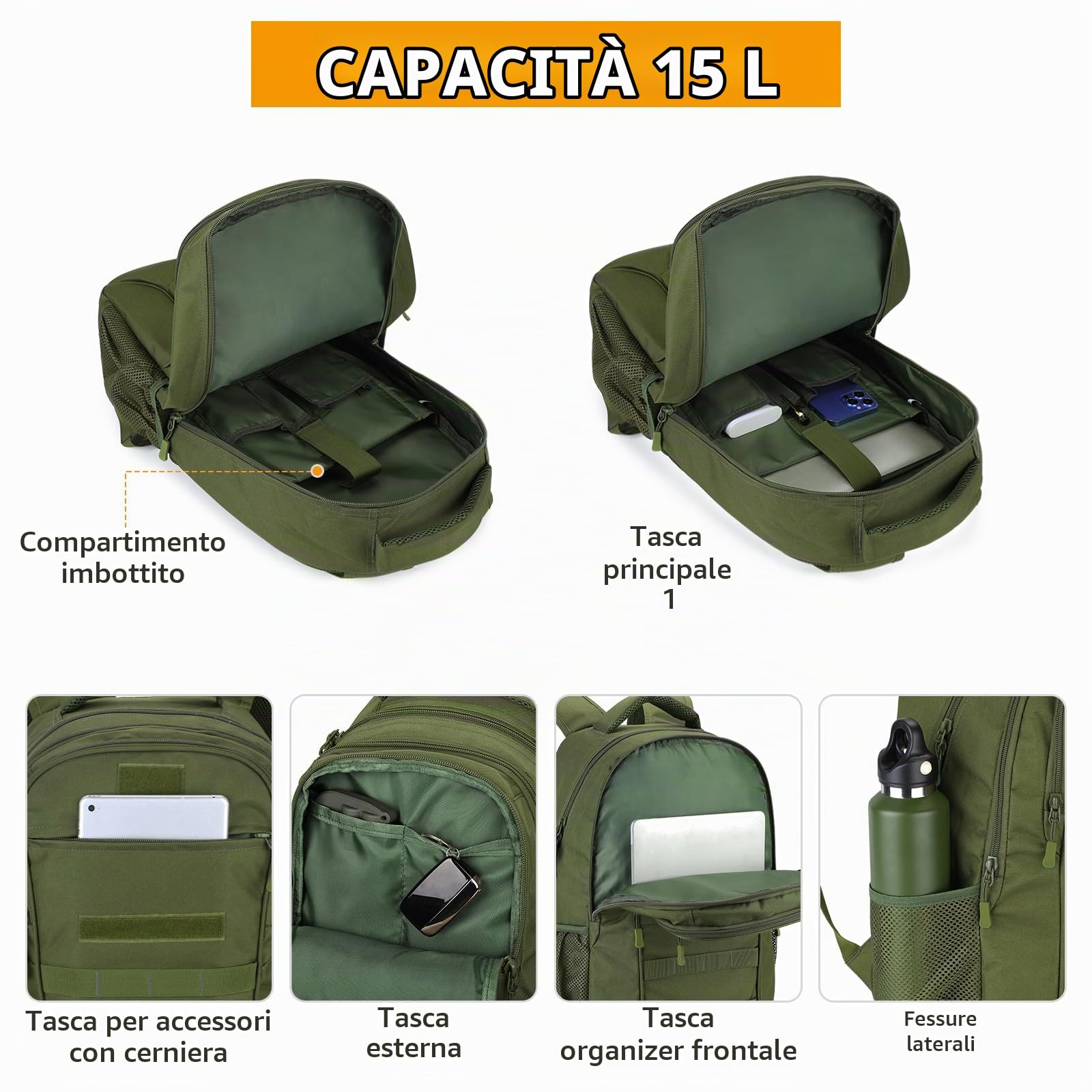 HUNTVP Zaino Militare 15L Zaino Tattico Molle Zainetto Uomo Impermeabile per Pesca Campeggio Casual Viaggio Trekking