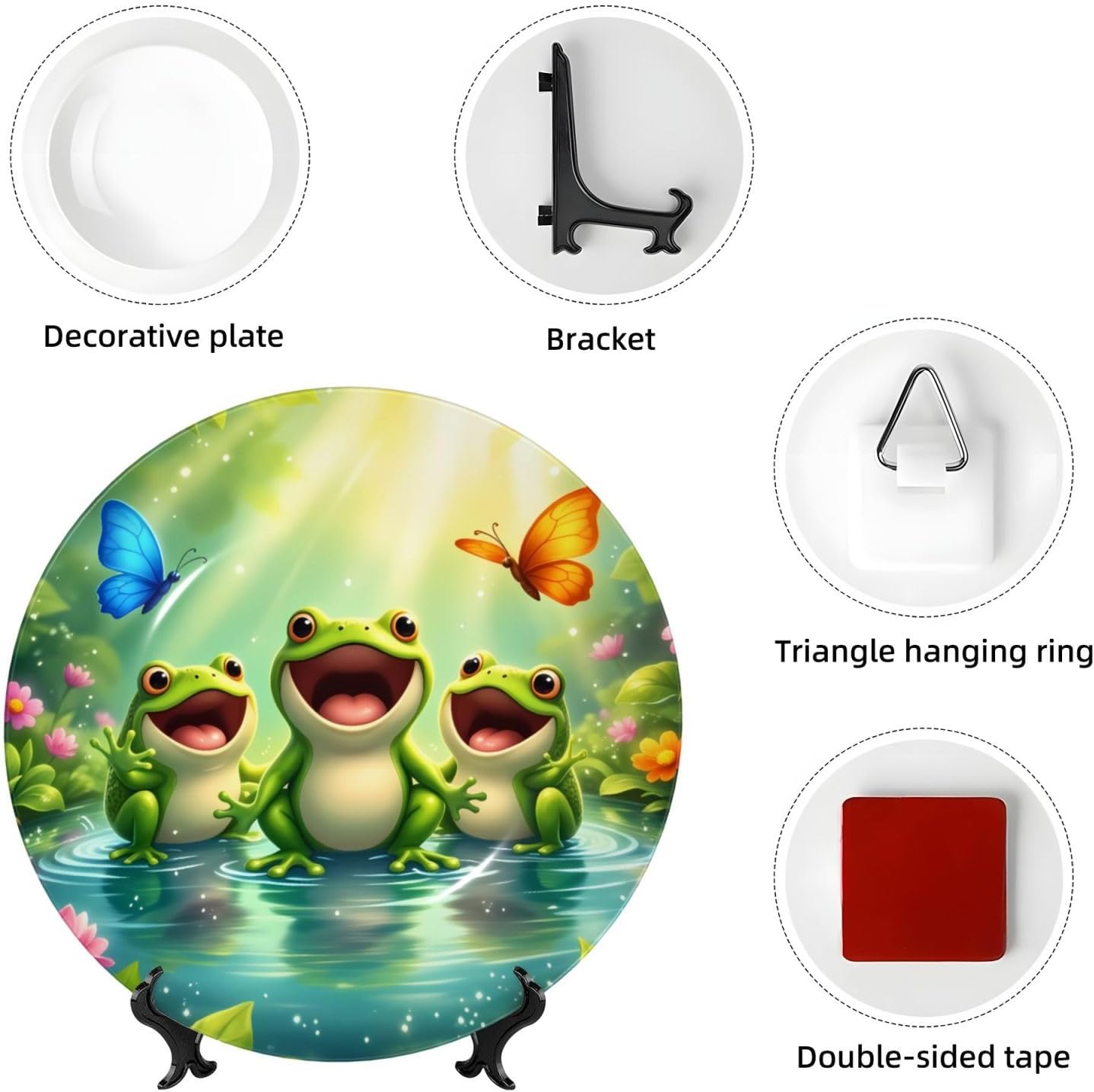 Frogs In Water With Birds Style Ceramic Plate Display Decorative Plate With Stand Wall Hanging Plate For Home Decor 10 Inch