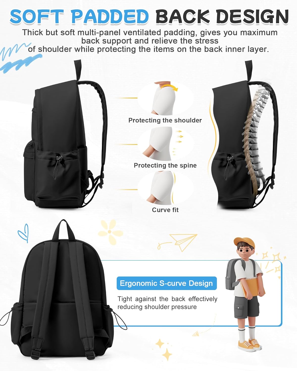 Black Backpack for School, High School Bookbag Back Pack for Teens Girls Boys, Lightweight College Backpack Book Bag for Women Men, Simple Casual Daypack Backpack Mochilas Escolares para Adolescentes - Image 6