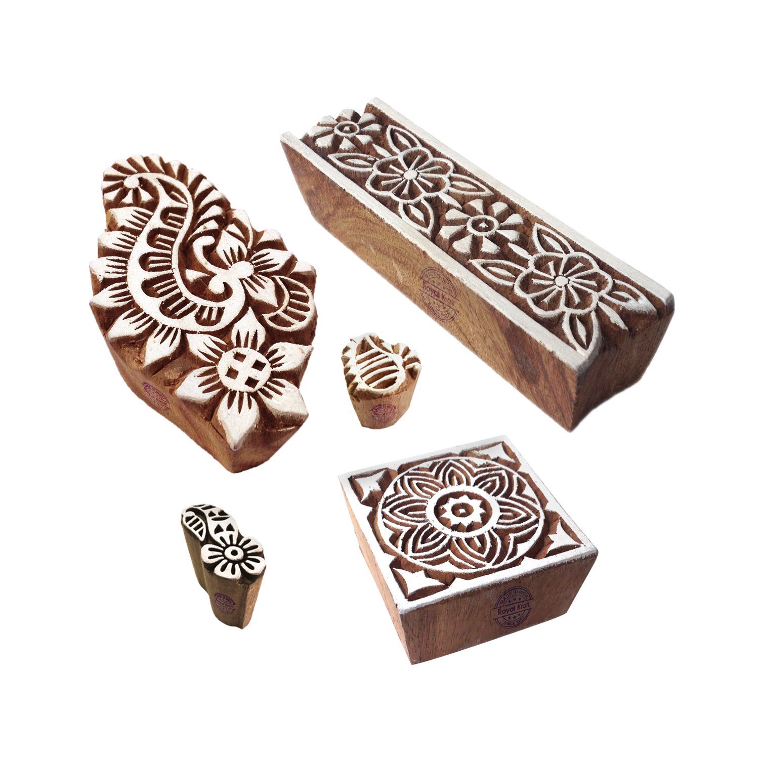 Decorative Pattern Flower and Geometric Wood Block Stamps (Set of 5