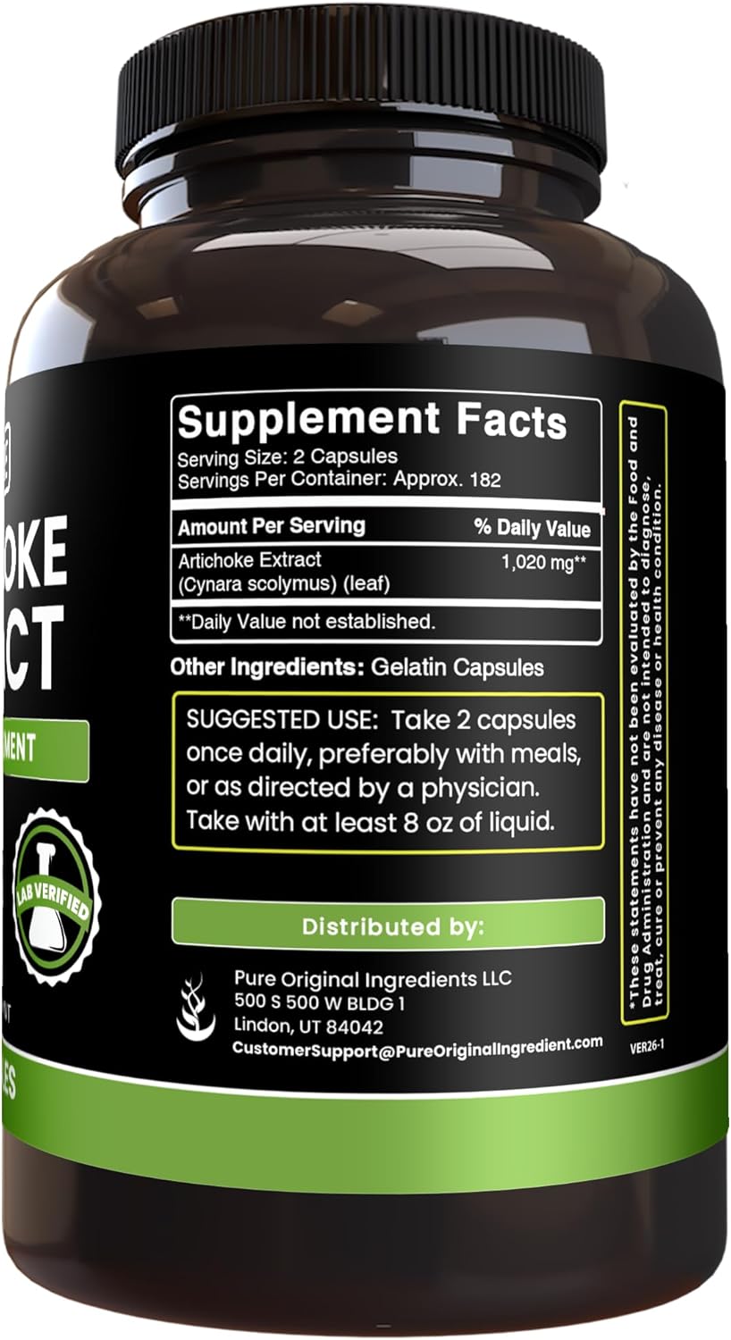 Pure Original Ingredients Artichoke Extract (365 Capsules) No Magnesium Or Rice Fillers, Always Pure, Lab Verified