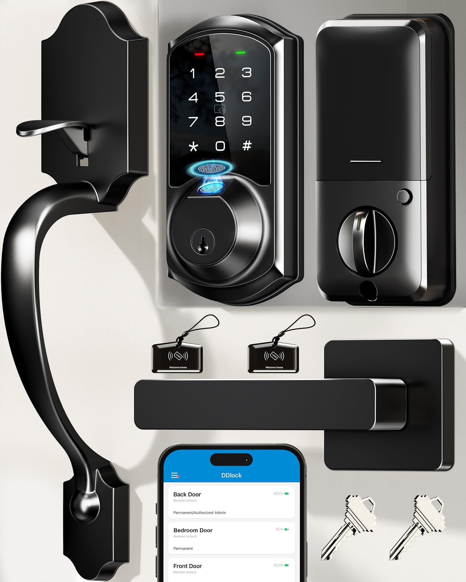 Veise VE07-H Fingerprint Smart Locks for Front Door with Handle Set, App Control, Keyless Entry Keypad Deadbolt, Digital Electronic Touchscreen, Easy Install, Auto Lock, Matte Black