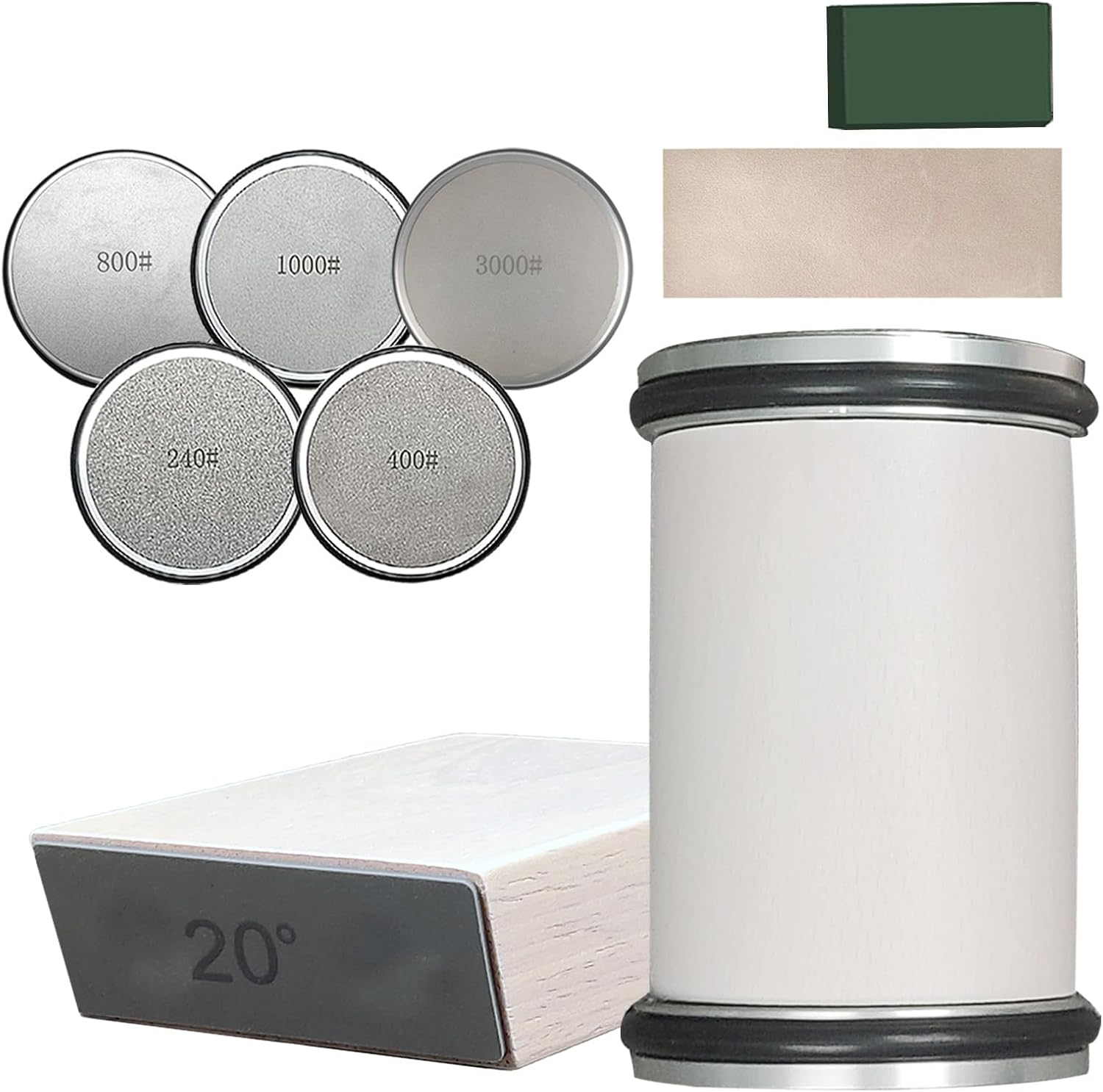 Rolling knife sharpener, Roller Sharpener Tool with Leather Strips and Paste, 15/18/20/22 Degree Angle (White) (SET-B)