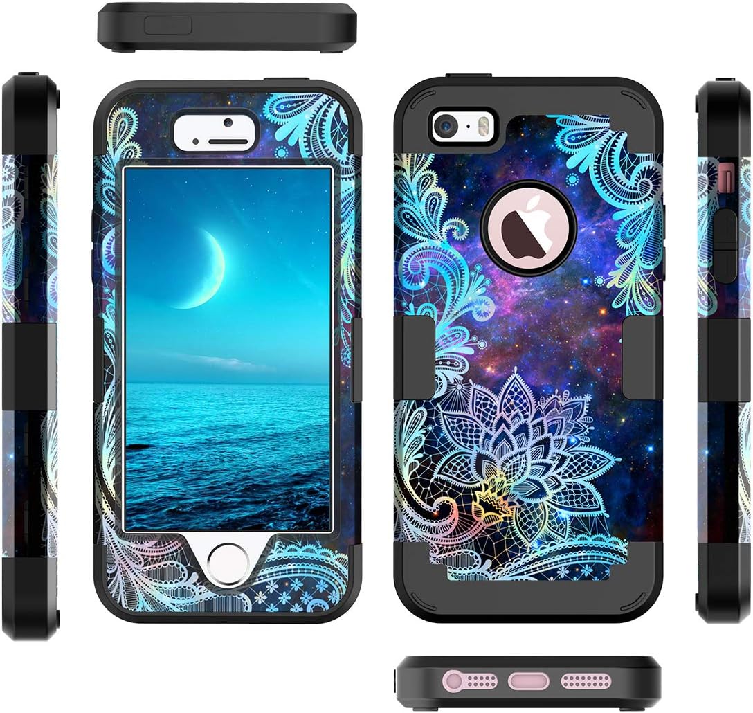 Casetego Compatible with iPhone 5 5S SE Case,Floral Three Layer Heavy Duty Hybrid Sturdy Shockproof Protective Cover Case for Apple iPhone 5 5S SE Case,Mandala