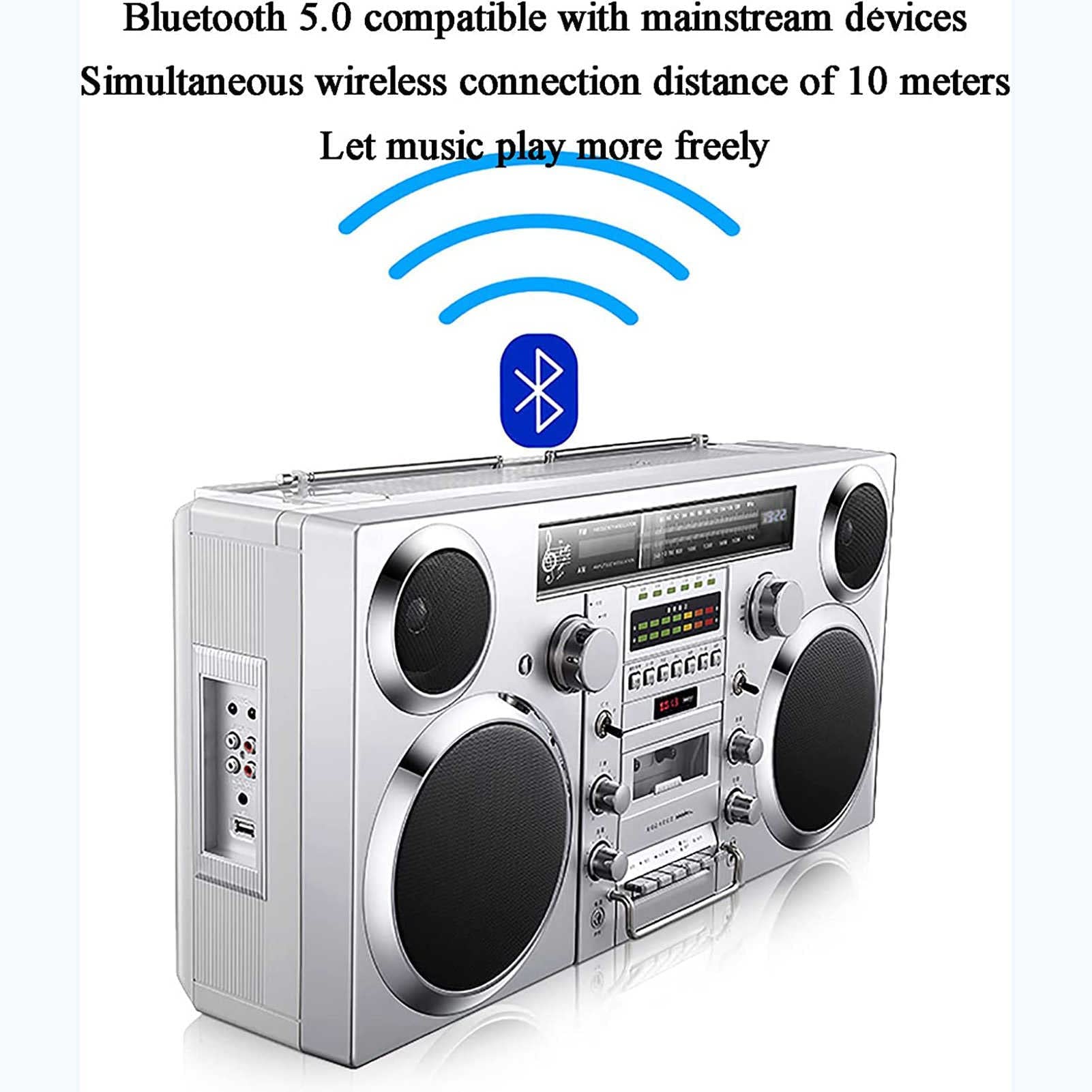 Retro Trend - Reproductor de CD inalámbrico + altavoz Boombox de casete | Bluetooth 5.0 para conexión rápida radio AM/FM y reproducción SD/AUX/USB, salida de auriculares con un solo toque, grabación