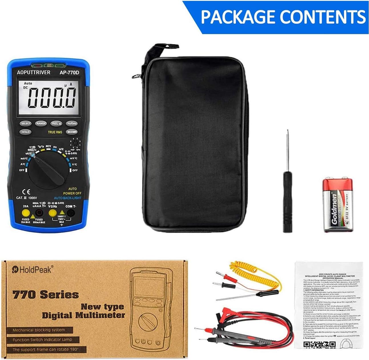 Contents of the HP-770D Multimeter package