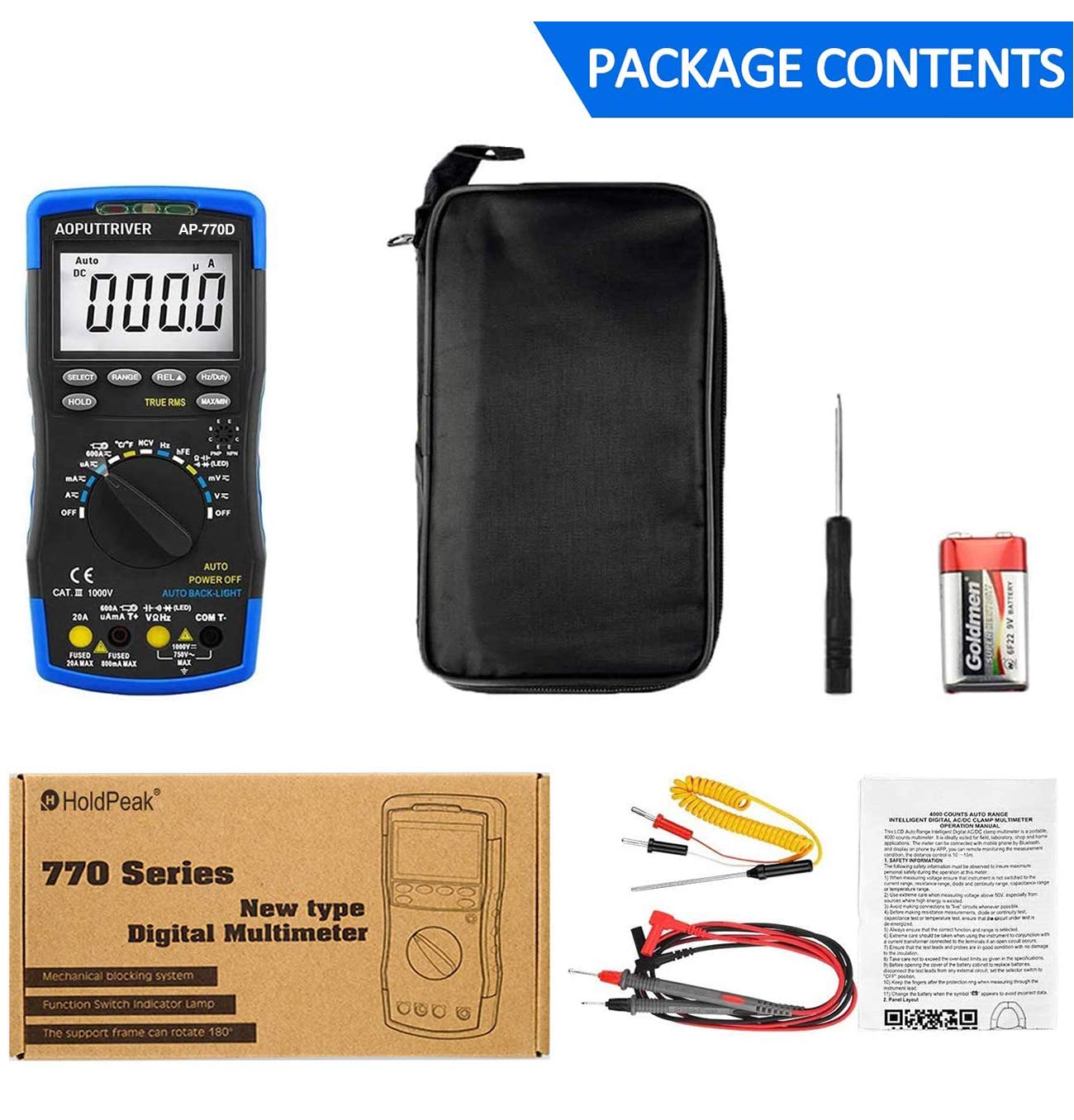 AOPUTTRIVER AP-770D Digital Multimeter and accessories in packaging