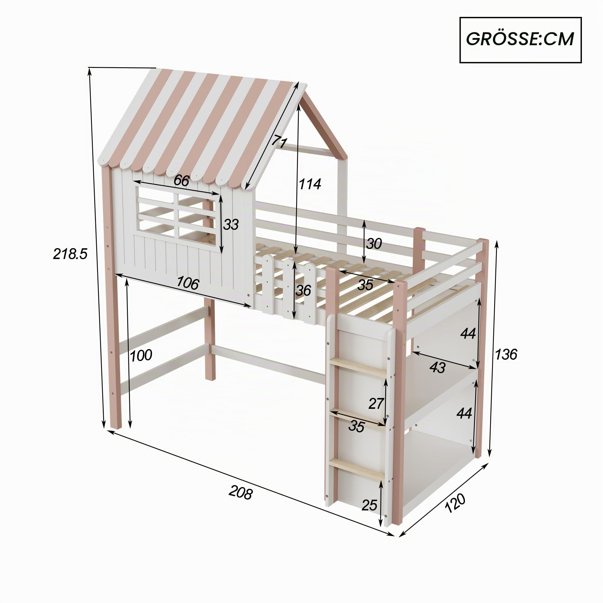Hochbett 90x200, Kinderbett mit Ablagefach, Multifunktionsbett Massivholzbett mit Rausfallschutz und Lattenrost Holzbett, Rosa, ohne Matratze