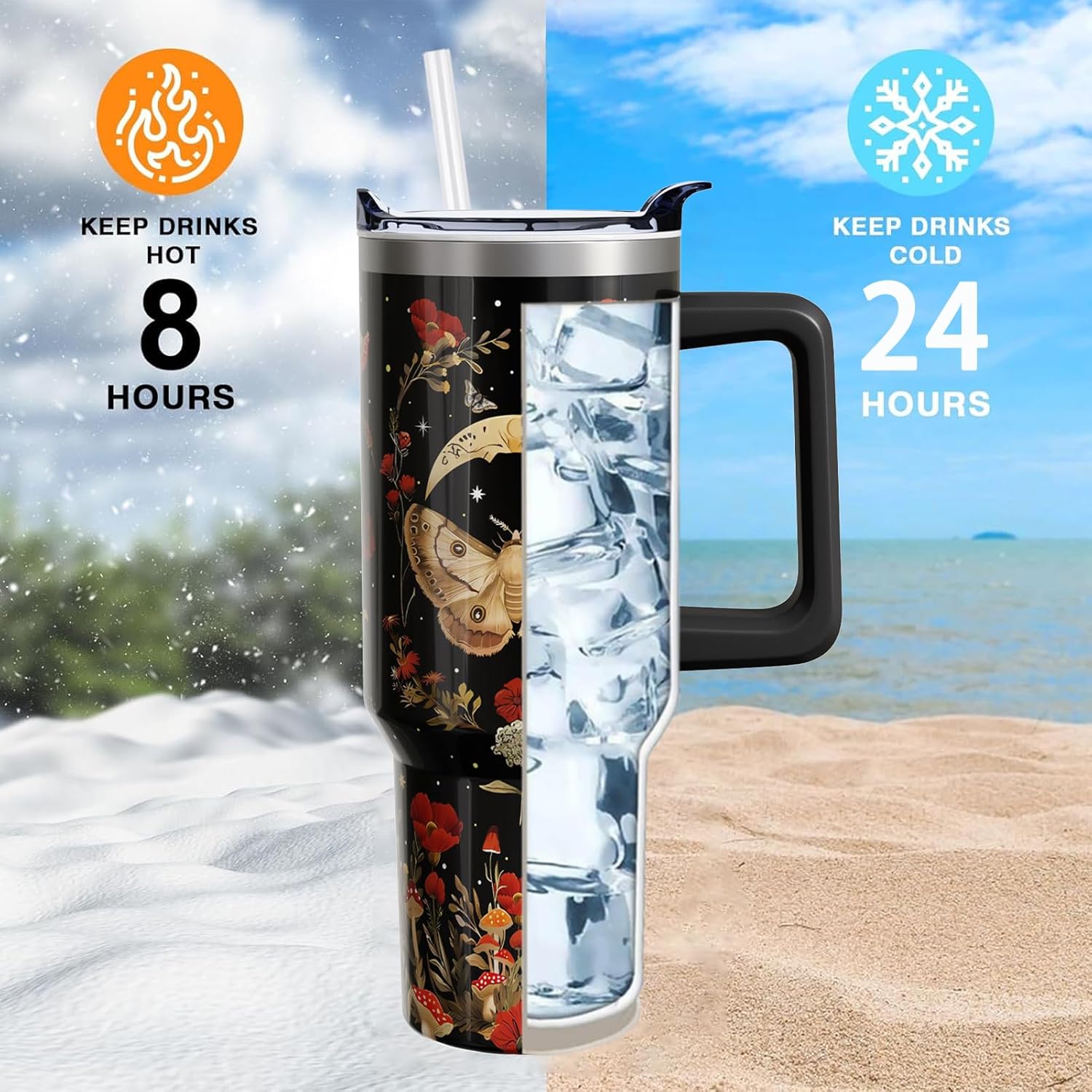 Goth Mushroom 40 Oz Tumbler with Handle and Lid Straw, Gothic Moth Moon Stainless Steel Insulated Cup Water Bottle, Halloween Floral Witch Gifts for Women Girls(1 PC)