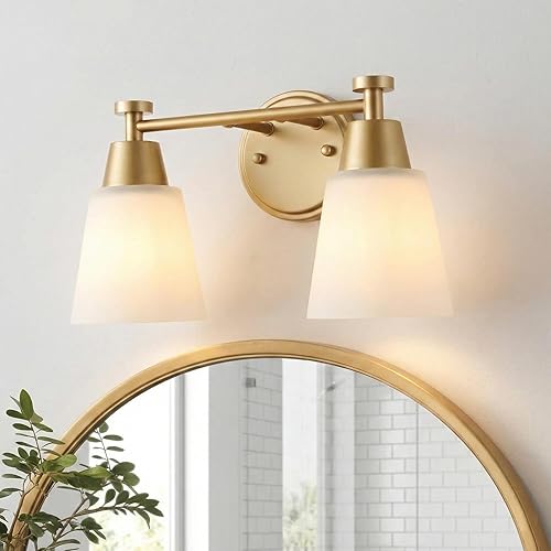 2 luces de tocador de baño, lámpara de pared con acabado de oro cepillado y vidrio esmerilado, lámparas de pared para baño sobre espejo, para sala