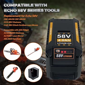 4.0Ah Lithium Battery Replacement for Echo 58V Battery CBP-58V20 CBP-58V40 CCS-58V Chainsaw CLM-58V 21'' Lawn Mower, Compatible with AEG 58V ACS58B200 ALT58BT ABL58JB Cordless Power Tools (58V4000mAh)