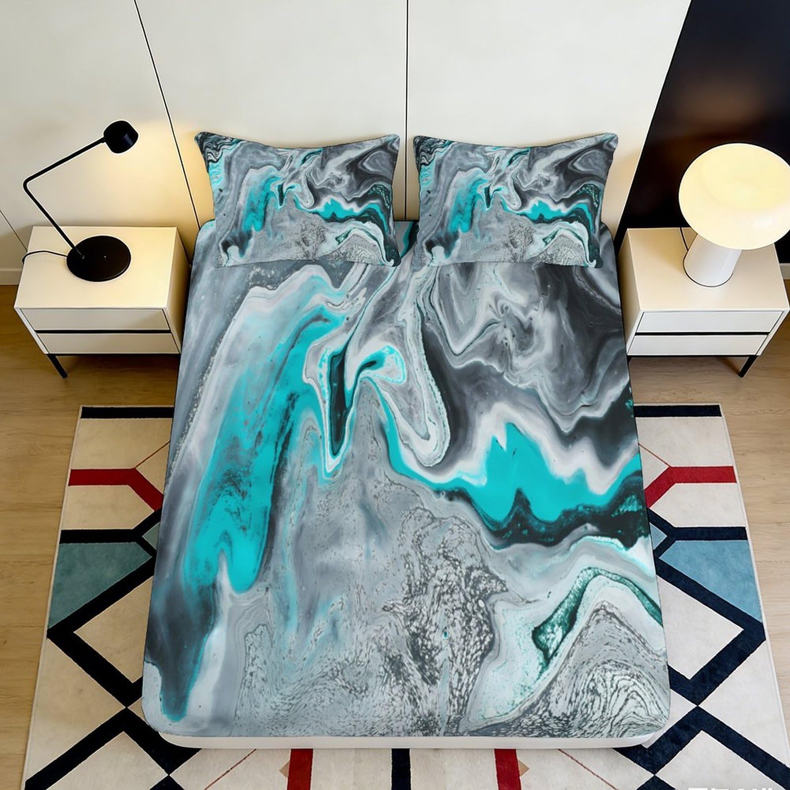3D Printed Marble Wave Fitted Sheet Microfiber Soft Turquoise Abstract Mattress Cover for Bedroom Decor Protection 90x200x25cm