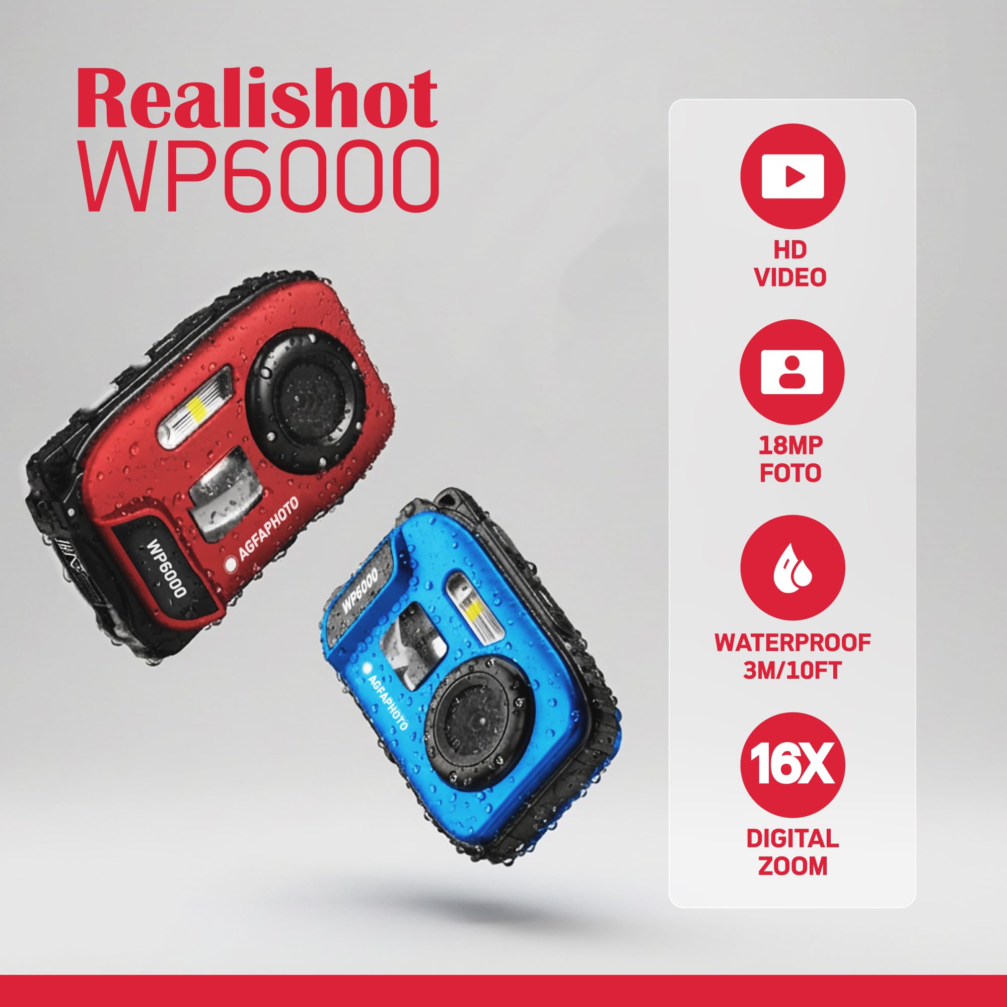 AGFA PHOTO Realishot WP6000 - Fotocamera digitale impermeabile, 3 m/10 piedi, 18 MP, video HD, schermo LCD da 2,4”, zoom digitale 16x, autofocus, specchietto per selfie, batteria al litio - Blu