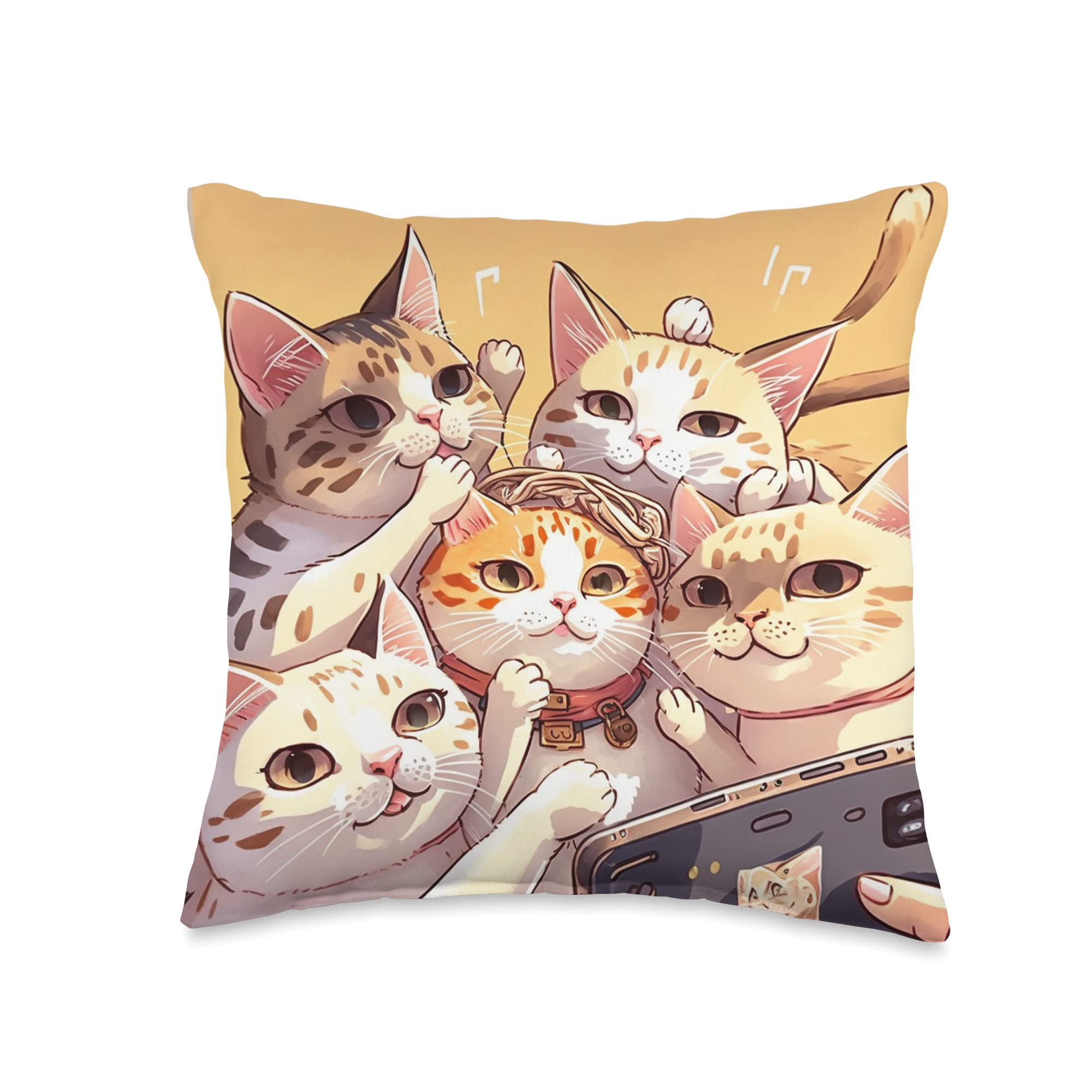 Anime Group of Cats Taking A Selfie Together Throw Pillow, 16x16, Multicolor