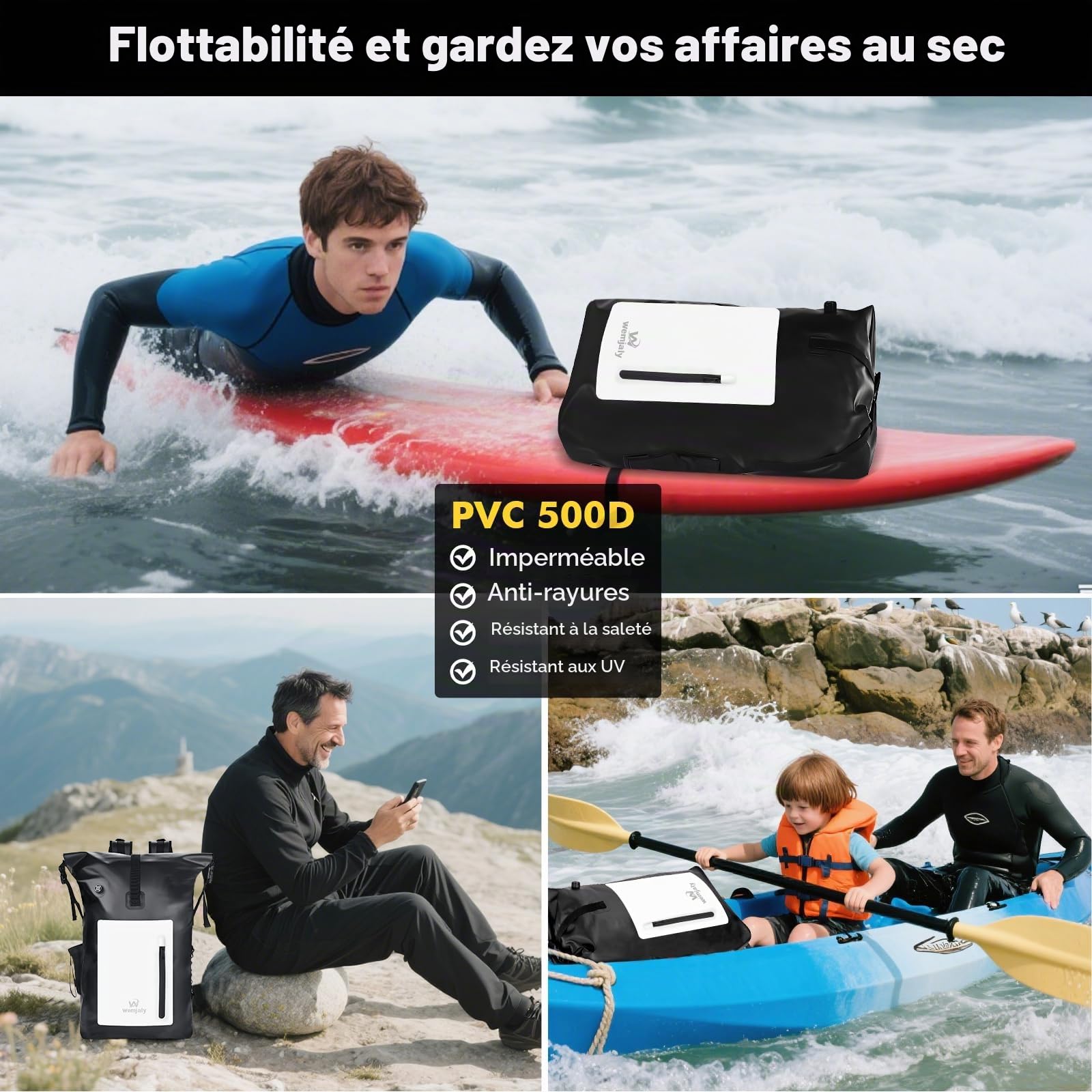 Sac à Dos Étanche 30L- Sac étanche avec Compartiment pour tablette & Étui étanche pour téléphone IPX8, pour Camping, Kayak, Pêche, Rafting, Canoë, et Natation