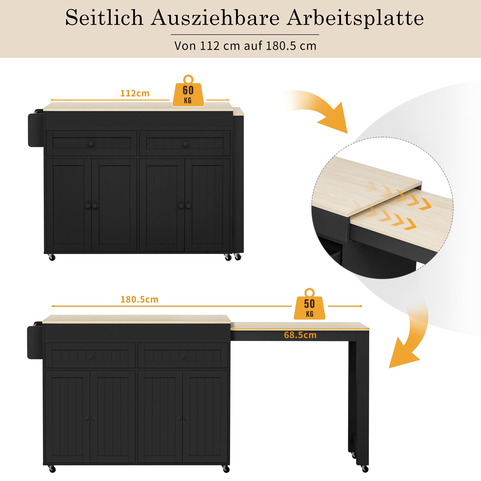 Mobile Kücheninsel auf Rollen mit ausziehbarer Arbeitsplatte (112–180 cm), Küchenwagen mit Stauraum & Schubladen, freistehend für Küche & Essbereich (Schwarz & Natur)