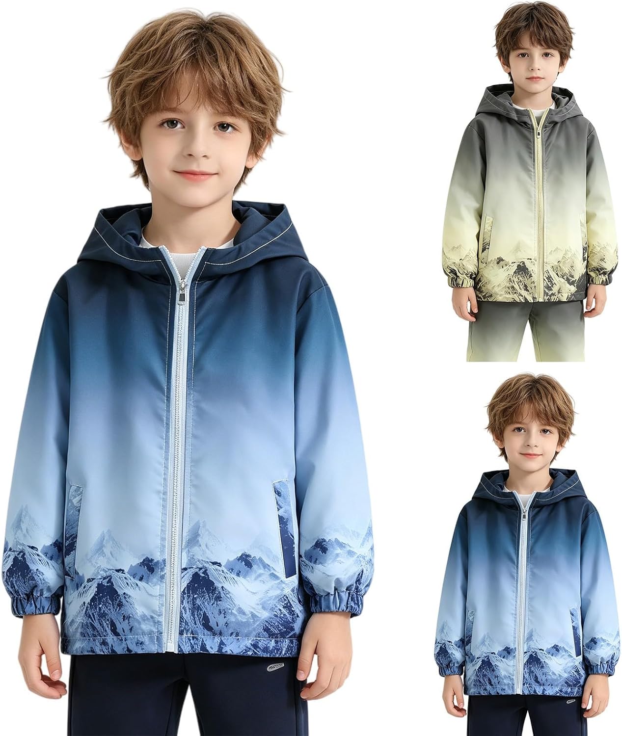 Boys Rain Jacket Kid Lightweight Windbreaker Jacket Gradient Waterproof Hooded Raincoat Outdoor Full Zip Coats for Boys Girls
