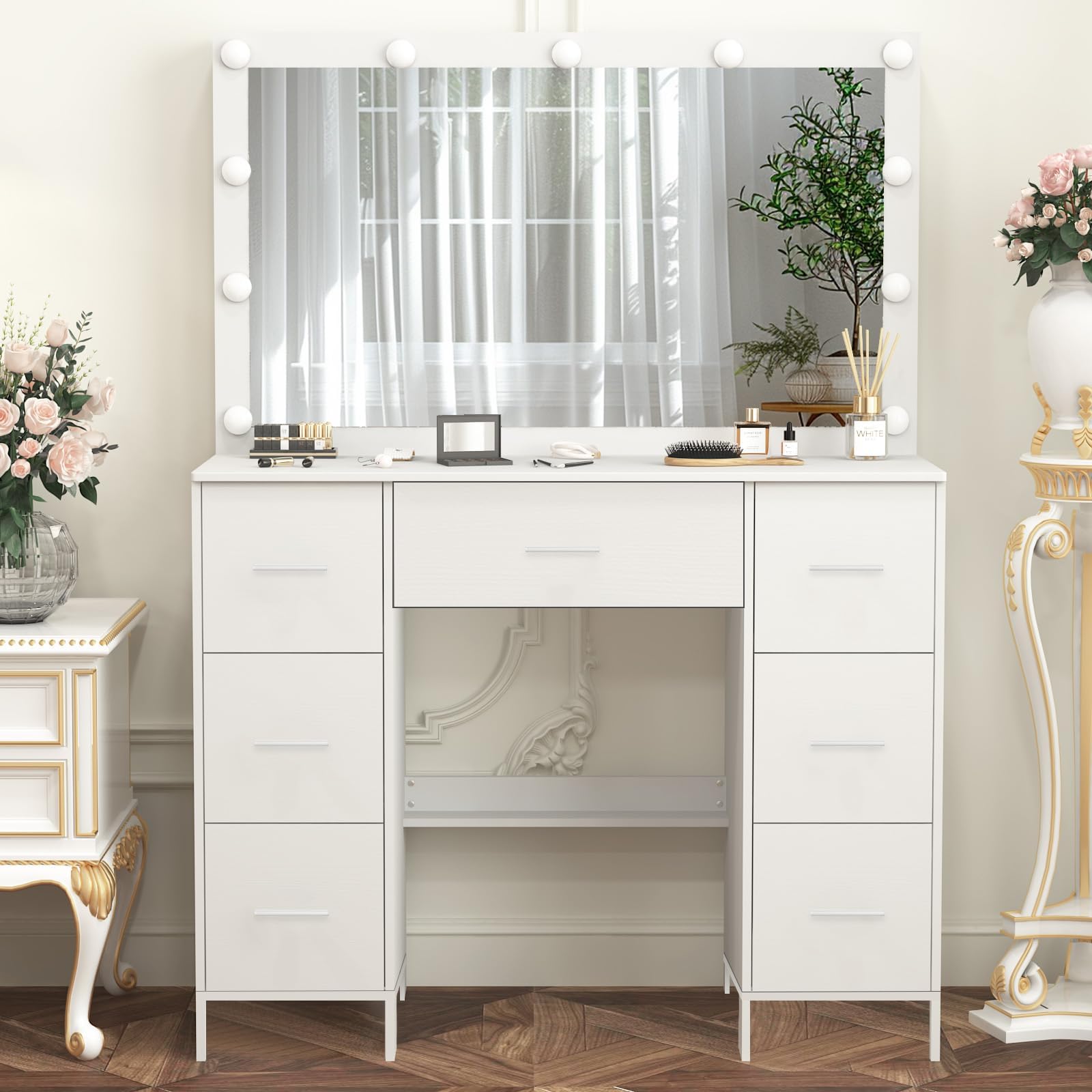 Vanity Desk with Large Mirror, Big Makeup Vanity with 7 Drawer and Hollywood LED Lights Mirror, 3 Model Adjustable Brightness,Big Makeup Desk for Bedroom,White,53.1''H