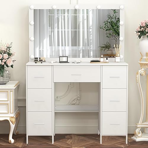 Escritorio de tocador con espejo grande, tocador de maquillaje grande con 7 cajones y espejo de luces LED Hollywood, 3 modelos de brillo ajustable,