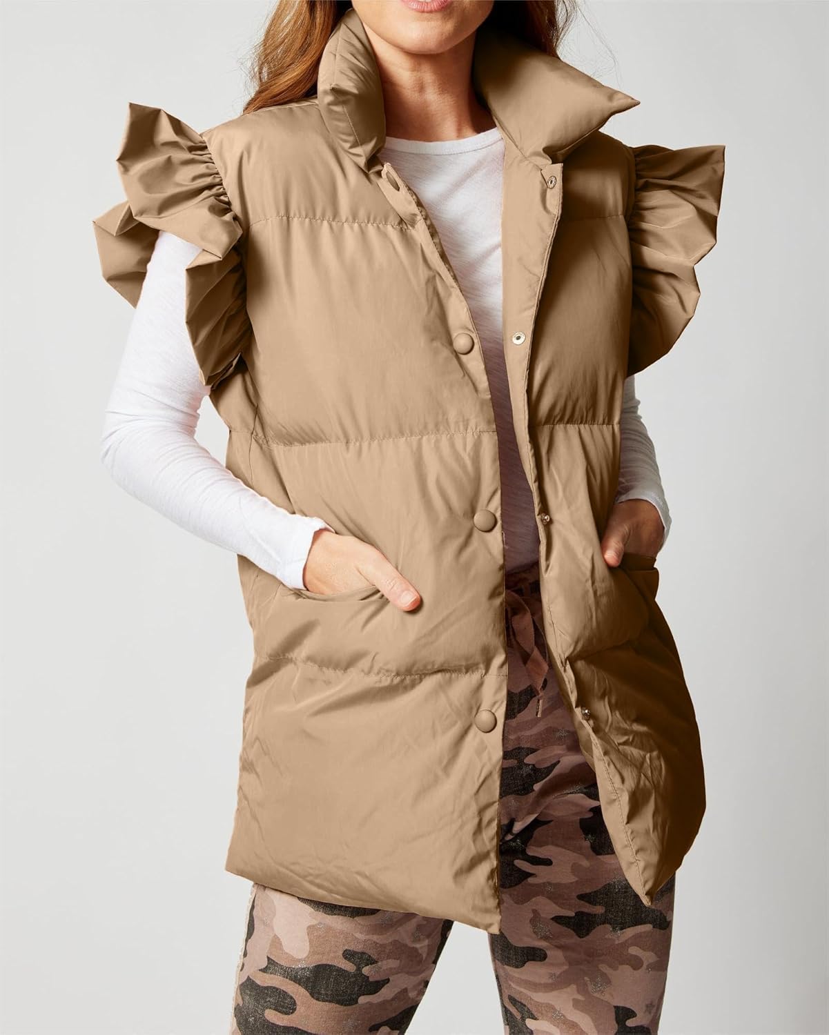 Valphsio Women's Puffer Vests Ruffle Sleeve Winter Button Down Padded Gilet with Pockets - Image 2