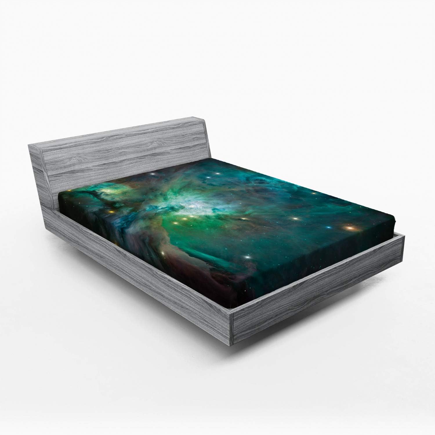 Ambesonne Space Fitted Sheet, Majestic Orion Nebula Dust Cloud Celestial Energy Plasma Astronomical Object Picture, Soft Decorative Fabric Bedding All-Round Elastic Pocket, Queen Size, Green Teal