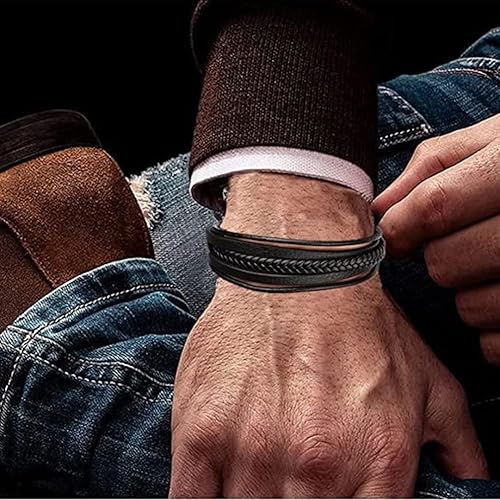 Miniatura 6 de AKOAK Paquete de 1 pulsera de cuero para hombre, pulsera de cuero casual de múltiples hebras, pulsera trenzada con cierre